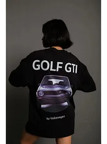 Kadın Oversize Tişört Golf Gtı Retro Araba Baskılı T-shirt - Siyah