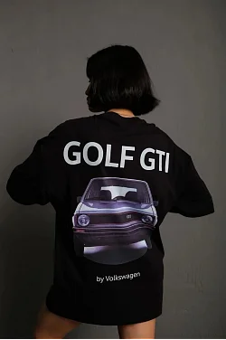 Kadın Oversize Tişört Golf Gtı Retro Araba Baskılı T-shirt - Siyah
