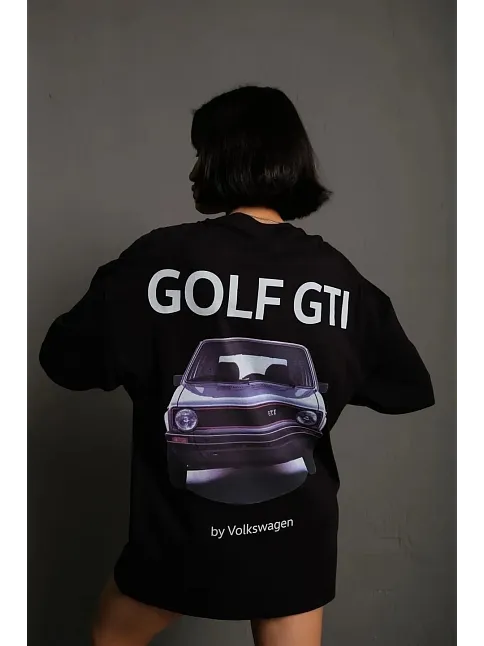 Kadın Oversize Tişört Golf Gtı Retro Araba Baskılı T-shirt - Siyah
