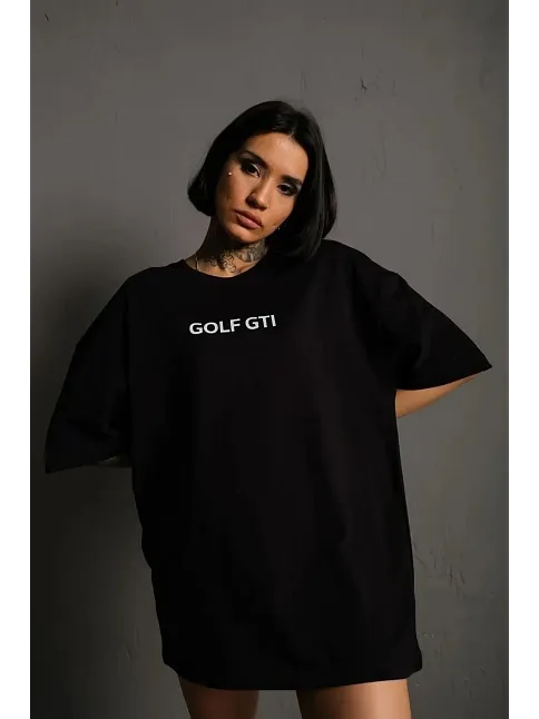 Kadın Oversize Tişört Golf Gtı Retro Araba Baskılı T-shirt - Siyah