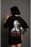 Kadın Baskılı T-shirt Oversize Kısa Kol Bisiklet Yaka Tişort- Siyah