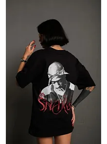 Kadın Baskılı T-shirt Oversize Kısa Kol Bisiklet Yaka Tişort- Siyah