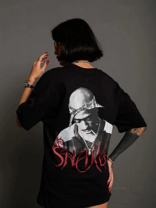 Kadın Baskılı T-shirt Oversize Kısa Kol Bisiklet Yaka Tişort- Siyah