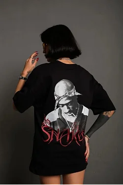 Kadın Baskılı T-shirt Oversize Kısa Kol Bisiklet Yaka Tişort- Siyah