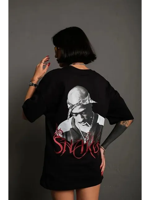 Kadın Baskılı T-shirt Oversize Kısa Kol Bisiklet Yaka Tişort- Siyah