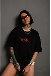 Kadın Baskılı T-shirt Oversize Kısa Kol Bisiklet Yaka Tişort- Siyah