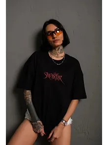 Kadın Baskılı T-shirt Oversize Kısa Kol Bisiklet Yaka Tişort- Siyah