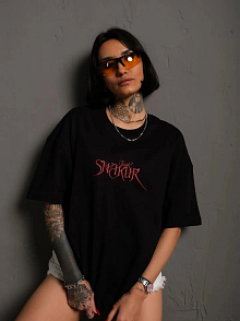 Kadın Baskılı T-shirt Oversize Kısa Kol Bisiklet Yaka Tişort- Siyah