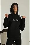 Kadın Oversize Kapüşonlu Cepli Baskılı 3 İplik Pamuklu Hoodie Sweatshirt - Siyah