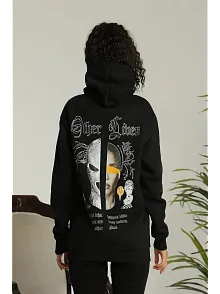 Kadın Oversize Kapüşonlu Cepli Baskılı 3 İplik Pamuklu Hoodie Sweatshirt - Siyah