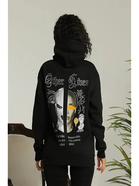Kadın Oversize Kapüşonlu Cepli Baskılı 3 İplik Pamuklu Hoodie Sweatshirt - Siyah