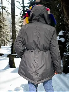 Kadın Premium Doğal Kürk Su Geçirmez Kapüşonlu Mont - Füme