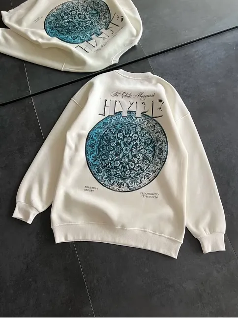 Kadın 3 İplik Pamuklu Bisiklet Yaka Baskılı Sweatshirt - Beyaz