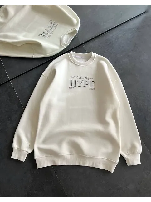 Kadın 3 İplik Pamuklu Bisiklet Yaka Baskılı Sweatshirt - Beyaz