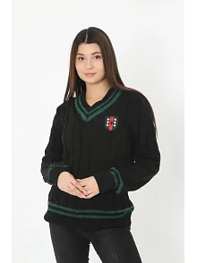 Kadın V Yaka Örgülü Kazak - Siyah