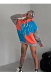Kadın W Nakış İşlemeli Kapüşonlu 3 İplik Pamuklu Parçalı Sweatshirt Hoodie - Mavi