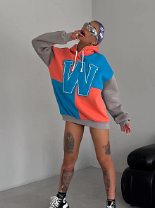 Kadın W Nakış İşlemeli Kapüşonlu 3 İplik Pamuklu Parçalı Sweatshirt Hoodie - Mavi