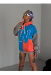Kadın W Nakış İşlemeli Kapüşonlu 3 İplik Pamuklu Parçalı Sweatshirt Hoodie - Mavi