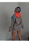 Kadın W Nakış İşlemeli Kapüşonlu 3 İplik Pamuklu Parçalı Sweatshirt Hoodie - Mavi