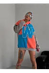 Kadın W Nakış İşlemeli Kapüşonlu 3 İplik Pamuklu Parçalı Sweatshirt Hoodie - Mavi