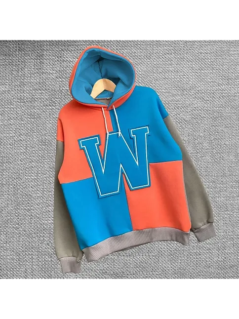 Kadın W Nakış İşlemeli Kapüşonlu 3 İplik Pamuklu Parçalı Sweatshirt Hoodie - Mavi