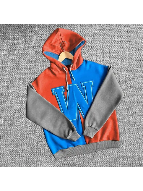 Kadın W Nakış İşlemeli Kapüşonlu 3 İplik Pamuklu Parçalı Sweatshirt Hoodie - Mavi