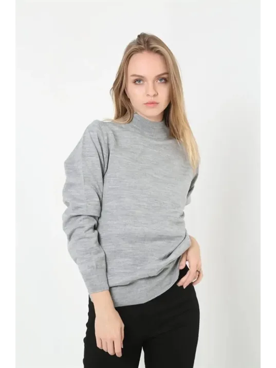Kadın Yarım Balıkçı Yaka Triko Kazak - Gri