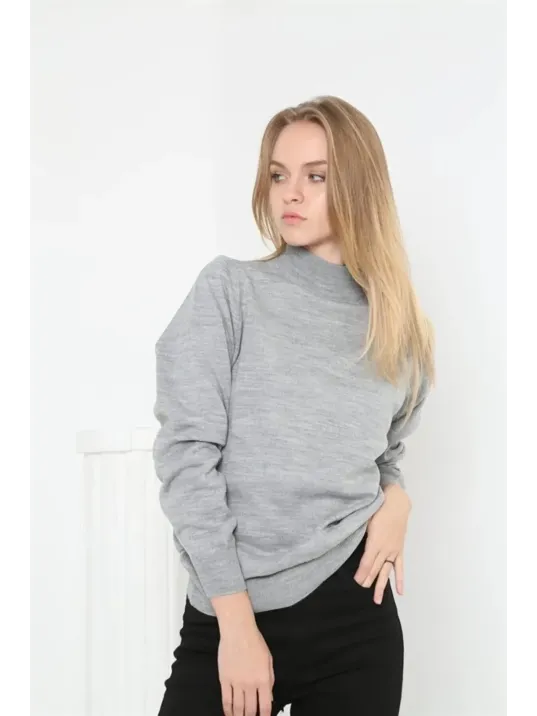 Kadın Yarım Balıkçı Yaka Triko Kazak - Gri
