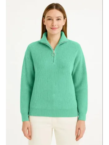 Kadın Yarım Fermuarlı Triko Kazak Selanik Örgü Dik Yaka Pamuklu Dokuma - Mint Yeşili