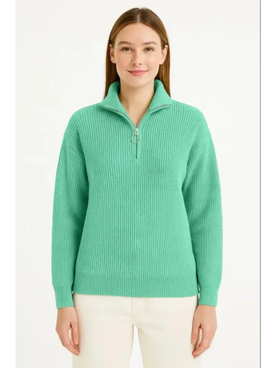 Kadın Yarım Fermuarlı Triko Kazak Selanik Örgü Dik Yaka Pamuklu Dokuma - Mint Yeşili Kadın Yarım Fermuarlı Triko Kazak Selanik Örgü Dik Yaka Pamuklu Dokuma - Mint Yeşili