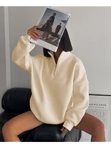 Kadın 3 İplik Pamuklu Oversize Yarım Fermuarlı Yakalı Basic Sweatshirt - Bej