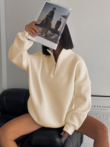 Kadın 3 İplik Pamuklu Oversize Yarım Fermuarlı Yakalı Basic Sweatshirt - Bej