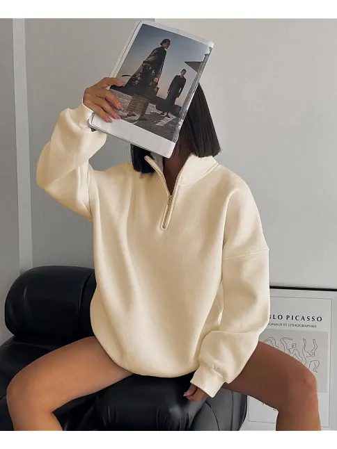 Kadın 3 İplik Pamuklu Oversize Yarım Fermuarlı Yakalı Basic Sweatshirt - Bej
