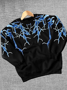 Kadın Yıldırım Baskılı Bisiklet Yaka 3 İplik Pamuklu Sweatshirt - Siyah