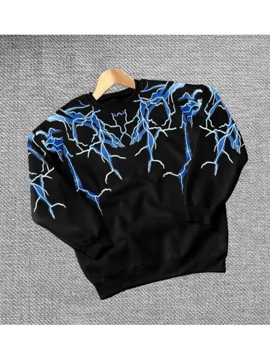 Kadın Yıldırım Baskılı Bisiklet Yaka 3 İplik Pamuklu Sweatshirt - Siyah