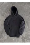 Kadın Kapüşonlu Kanguru Cepli 3 İplik Pamuklu Oversize Hoodie Sweatshirt - Füme