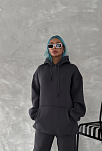 Kadın Kapüşonlu Kanguru Cepli 3 İplik Pamuklu Oversize Hoodie Sweatshirt - Füme