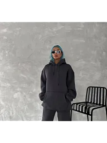 Kadın Kapüşonlu Kanguru Cepli 3 İplik Pamuklu Oversize Hoodie Sweatshirt - Füme