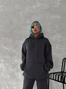 Kadın Kapüşonlu Kanguru Cepli 3 İplik Pamuklu Oversize Hoodie Sweatshirt - Füme