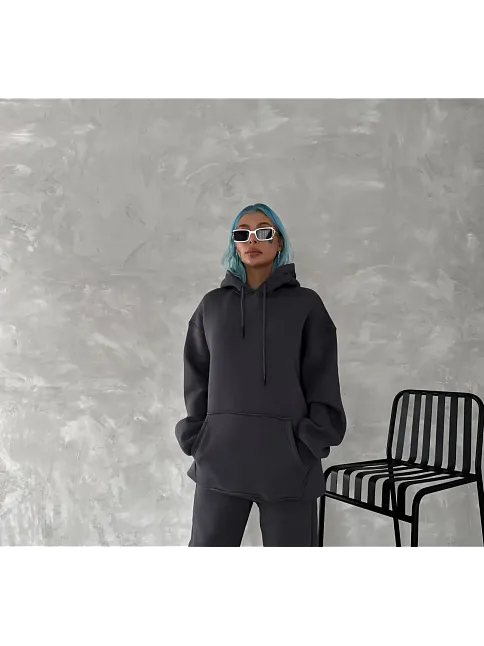 Kadın Kapüşonlu Kanguru Cepli 3 İplik Pamuklu Oversize Hoodie Sweatshirt - Füme