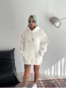 Kadın Kapüşonlu Kanguru Cepli 3 İplik Pamuklu Oversize Hoodie Sweatshirt - Beyaz