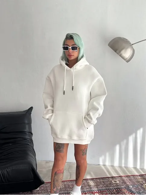 Kadın Kapüşonlu Kanguru Cepli 3 İplik Pamuklu Oversize Hoodie Sweatshirt - Beyaz