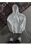 Kadın Kapüşonlu Kanguru Cepli 3 İplik Pamuklu Oversize Hoodie Sweatshirt - Beyaz