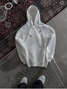 Kadın Kapüşonlu Kanguru Cepli 3 İplik Pamuklu Oversize Hoodie Sweatshirt - Beyaz