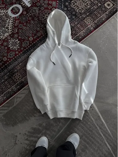 Kadın Kapüşonlu Kanguru Cepli 3 İplik Pamuklu Oversize Hoodie Sweatshirt - Beyaz