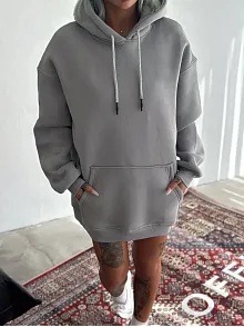 Kadın Kapüşonlu Kanguru Cepli 3 İplik Pamuklu Oversize Hoodie Sweatshirt -  Boyalı Gri