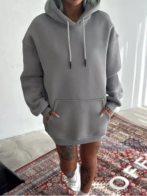 Kadın Kapüşonlu Kanguru Cepli 3 İplik Pamuklu Oversize Hoodie Sweatshirt -  Boyalı Gri