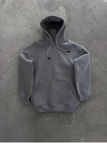 Kadın Kapüşonlu Kanguru Cepli 3 İplik Pamuklu Oversize Hoodie Sweatshirt -  Boyalı Gri