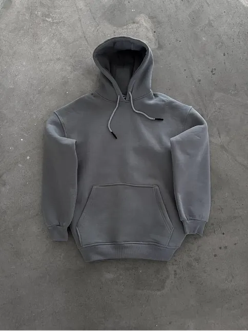 Kadın Kapüşonlu Kanguru Cepli 3 İplik Pamuklu Oversize Hoodie Sweatshirt -  Boyalı Gri