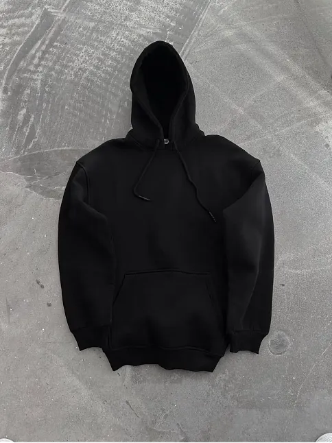 Kadın Kapüşonlu Kanguru Cepli 3 İplik Pamuklu Oversize Hoodie Sweatshirt - Siyah